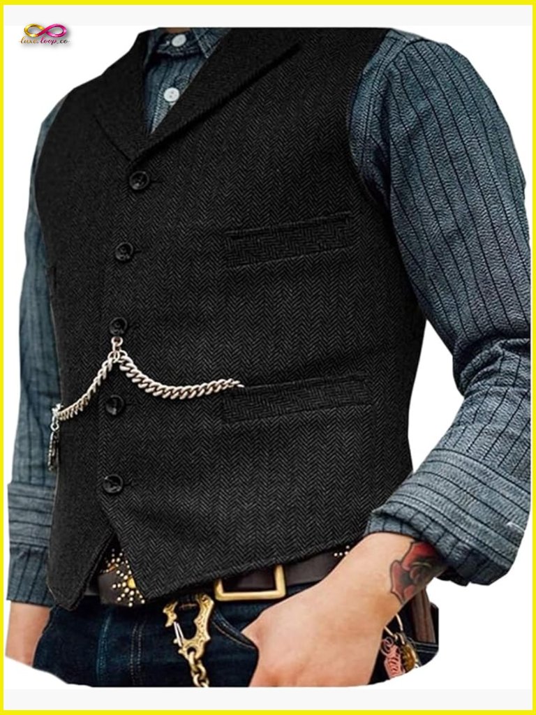 Classic Wool Tweed Vest Sleeveless Herringbone Waistcoat Formal Casual Menswear
